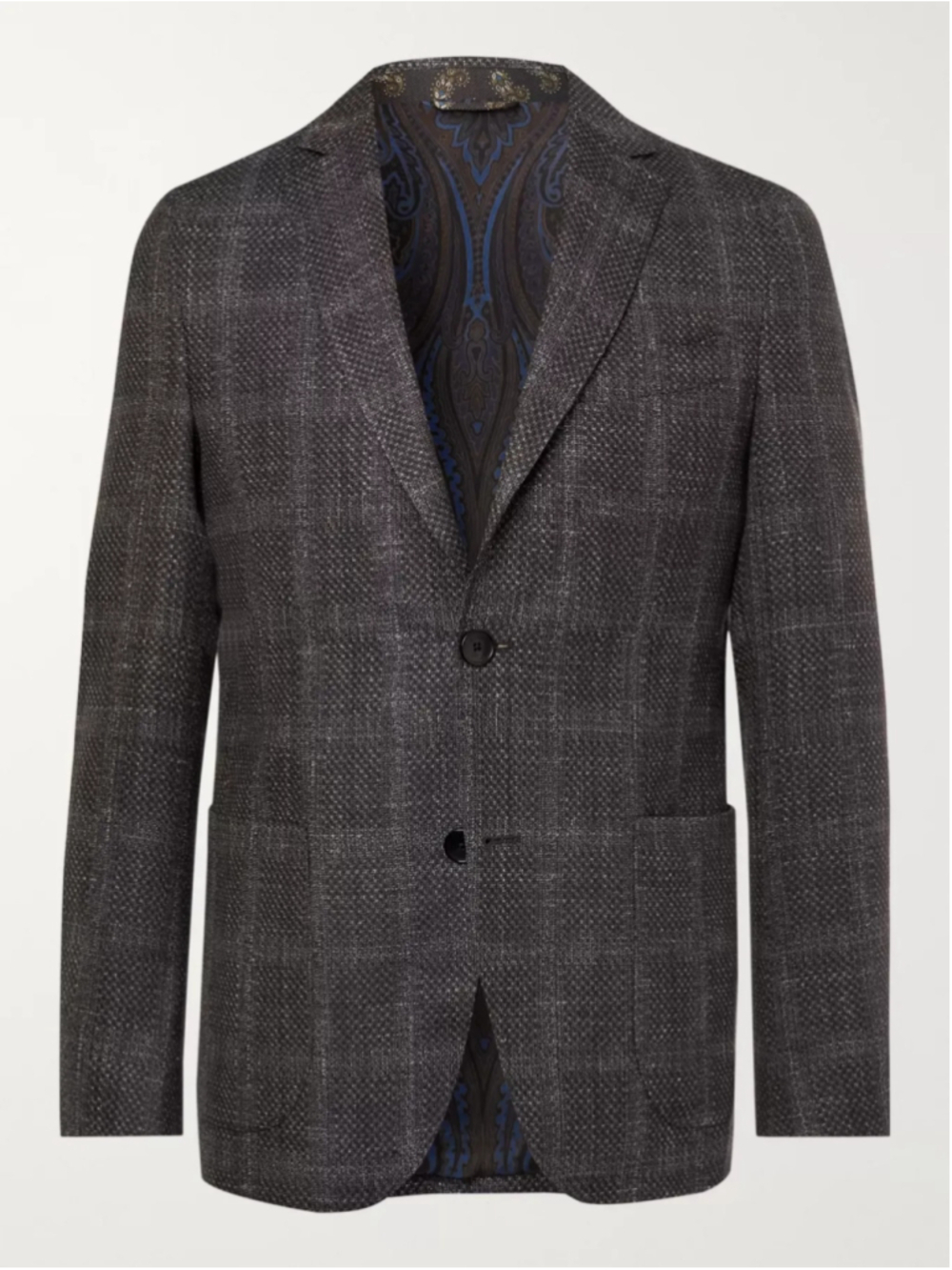 Etro Sport Coat Blazer, Grey and Blue, Paisley Lining 54 44R wool linen silk